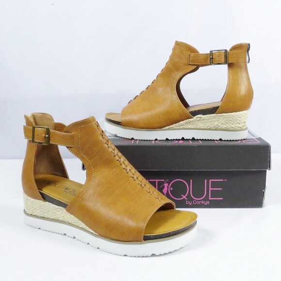Corkys SUGAR CITY Espadrille Low Wedge Sandals Cognac Brown NIB Open Toe